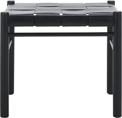 SAFAVIEH Couture Collection Devnie Black Woven Leather & Black Solid Wood Ottoman (Fully Assembled)