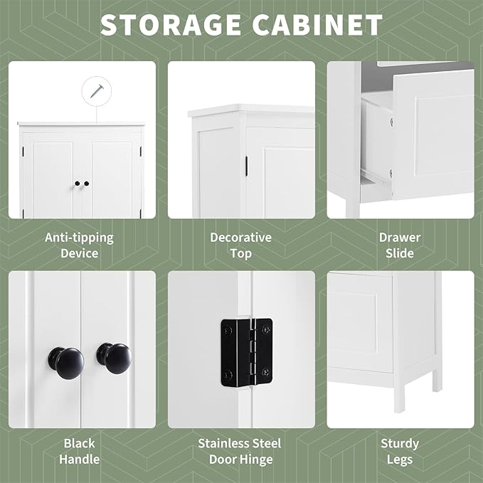 Polibi 43.3" H Storage Cabinet with 2 Doors, 2 Drawers, Adjustable Shelf, Wooden Linen Cabinet for Bathroom, Office, Kitchen, White