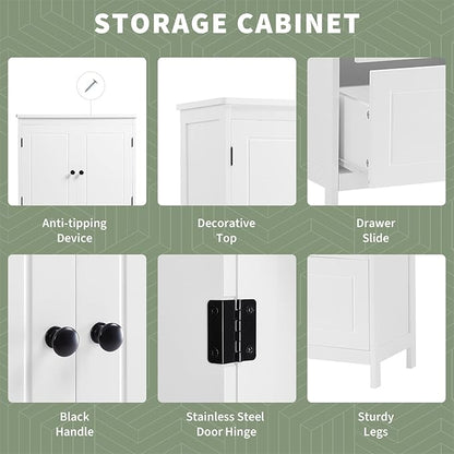 Polibi 43.3" H Storage Cabinet with 2 Doors, 2 Drawers, Adjustable Shelf, Wooden Linen Cabinet for Bathroom, Office, Kitchen, White