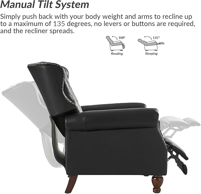 HULALA HOME Genuine Leather Recliner Chair with Solid Wood Feet, Modern Adjustable Tufted Push Back Arm Chair w/Rivet Decoration, Home Theater Seating Single Reclining Sofa for Living Room, Black