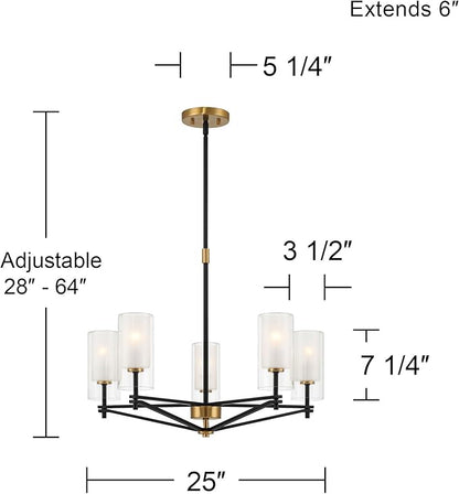 Possini Euro Design Nyack 25" Modern Pendant Chandelier Ceiling Light Fixture Dining Room Over Table Kitchen Island Foyer Open Frame Hanging 5-Light Black Gold Finish White Glass Hallway Entryway