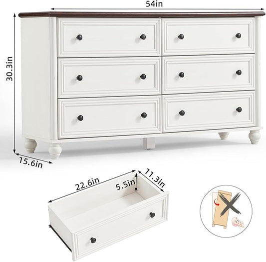 6 Drawers Dresser for Bedroom, Farmhouse 54" Wide Wood Dressers Chest of Drawers, Vintage Design TV Stand, Rustic Storage Dresser Organizer with Metal Handle Closet for Living Room, Hallway