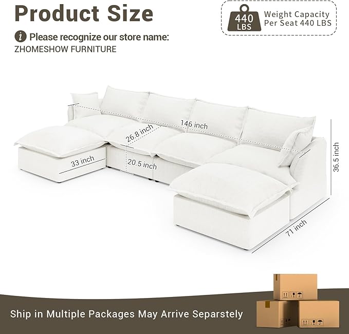 146” Oversized Cloud Modular Sectional Sofa, Comfy Down Filled Cloud Couch with Removable Cover, 4 Seater Modular Couch with 2 Ottomans, U Shaped Sectional Couches for Living Room, Cream White