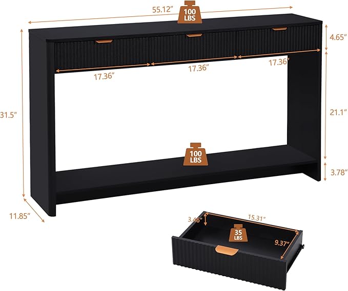 Entryway Table with Storage, Narrow Console Table with 3 Drawers, 55.12' Couch Table Behind Sofa Long for Living Room TV/Hallway Entrance Foyer, Mid Century Modern Black Fluted Console Table