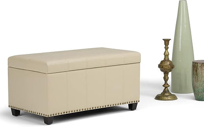 SIMPLIHOME Amelia 33 inch Wide Transitional Rectangle Storage Ottoman Bench in Satin Cream Vegan Faux Leather, Assembled, For the Living Room, Entryway and Family Room