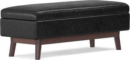 SIMPLIHOME Owen 48 inch Wide Mid Century Modern Rectangle Rectangular Storage Ottoman in Distressed Black Vegan Faux Leather, Assembled, for the Living Room, Entryway and Family Room