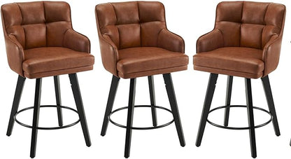 360°Swivel Counter Height Bar Stools with Back, 26 inch Solid Wood Legs, Bar Stool Modern Kitchen Island Chairs, Faux Leather (Brown- Faux Leather, 26" H- Set of 3)