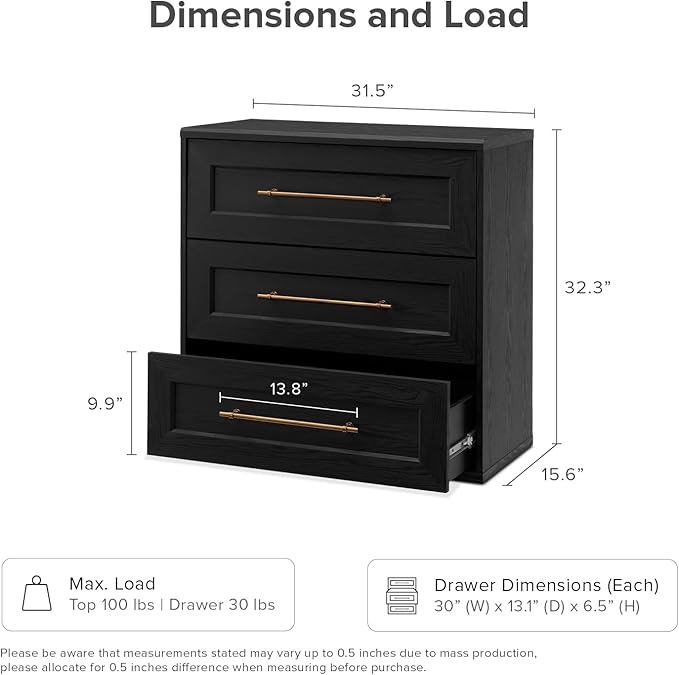 mopio Blake 3 Drawer Dresser for Bedroom, Chest of Drawers, Wood Dresser Organizer, Modern Farmhouse, Tall Night Stand, Enhanced Safety, Sturdy Compliant (1, Black Oak, One Size)