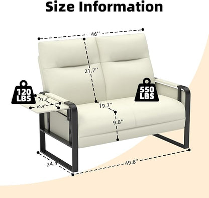 Modern Leather Loveseat, Small Sofa with Side Tray & Pocket, Upholstered Mini Couch for Living Room, Office, Guest Room, Beige