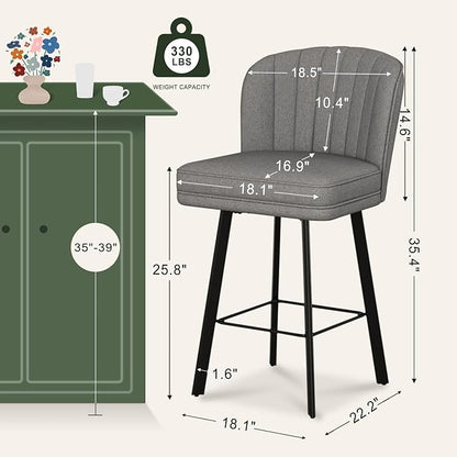Swivel Counter Height Bar Stools Set of 4, 26'' Modern Barstools with Backs and Metal Legs, Upholstered Bar Chairs,Mid-Gray,Fabric Stools for Kitchen Island Chairs