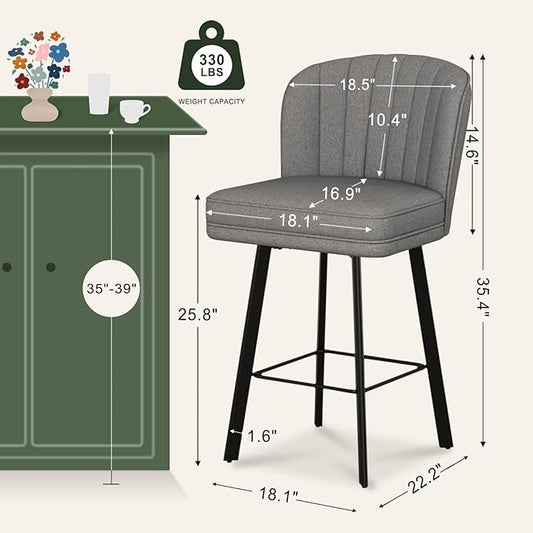 Swivel Counter Height Bar Stools Set of 4, 26'' Modern Barstools with Backs and Metal Legs, Upholstered Bar Chairs,Mid-Gray,Fabric Stools for Kitchen Island Chairs