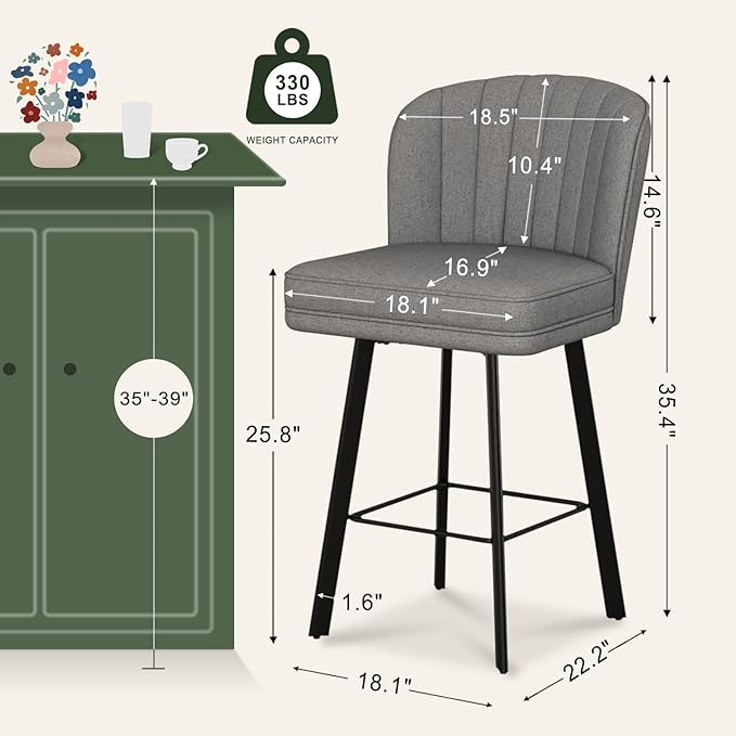Swivel Counter Height Bar Stools Set of 2, 26'' Modern Barstools with Backs and Metal Legs, Upholstered Bar Chairs,Mid-Gray,Fabric Stools for Kitchen Island Chairs