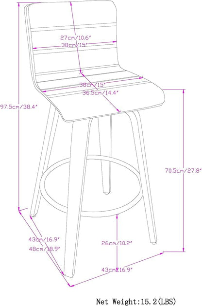 SIMPLIHOME Roland Swivel Bar Stool - 28 inch Seat Height Upholstered Wood Chair in Grey Linen Look Fabric, Mid Century Modern Seating for Kitchen or Bar with Curved Bentwood Back and Footrest