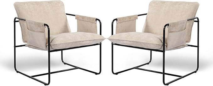 Modern Accent Chair Set of 2 Comfortable Living Room Chairs with Armrests, Bedroom Reading Chair, Chenille Upholstered Lounge Metal Chair