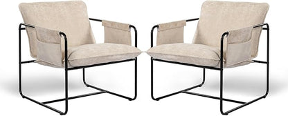Modern Accent Chair Set of 2 Comfortable Living Room Chairs with Armrests, Bedroom Reading Chair, Chenille Upholstered Lounge Metal Chair