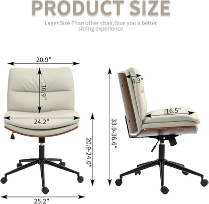 Armless Modern Walnut Office Desk Chair with Wheels, PU Leather Adjustable Wide Swivel Executive Task Chair, Ergonomic Cross Legged Computer Chair for Conference Room, Home Office, Beige