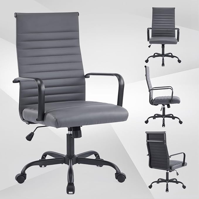 Office Chair, Ergonomic Executive Conference Room Chairs, Ribbed Leather Desk Chair with Lumbar Support, Adjustable Height Mid-Back Swivel Chair with Padded Seat