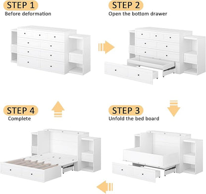Full Size Murphy Bed with Bedside Tables,Full Size Foldable Cabinet Bed Frame with Charging Station & Drawer,Murphy Bed Chest with Adjustable LED Light for Bedroom,Guest Room,White