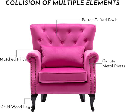 Accent Reading Arm Chairs Set of 2 for Living Room Bedroom, Midcentury Modern Comfy Corner Sofa Chair, Wingback Waiting Room Club Chair with Button Tufted Back &Lumbar Pillow, Velvet Rose