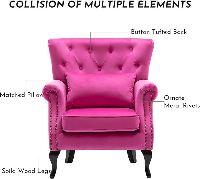 Accent Reading Arm Chairs for Living Room Bedroom, Midcentury Modern Comfy Corner Sofa Chair, Wingback Waiting Room Club Chair with Button Tufted Back &Lumbar Pillow, Velvet Rose