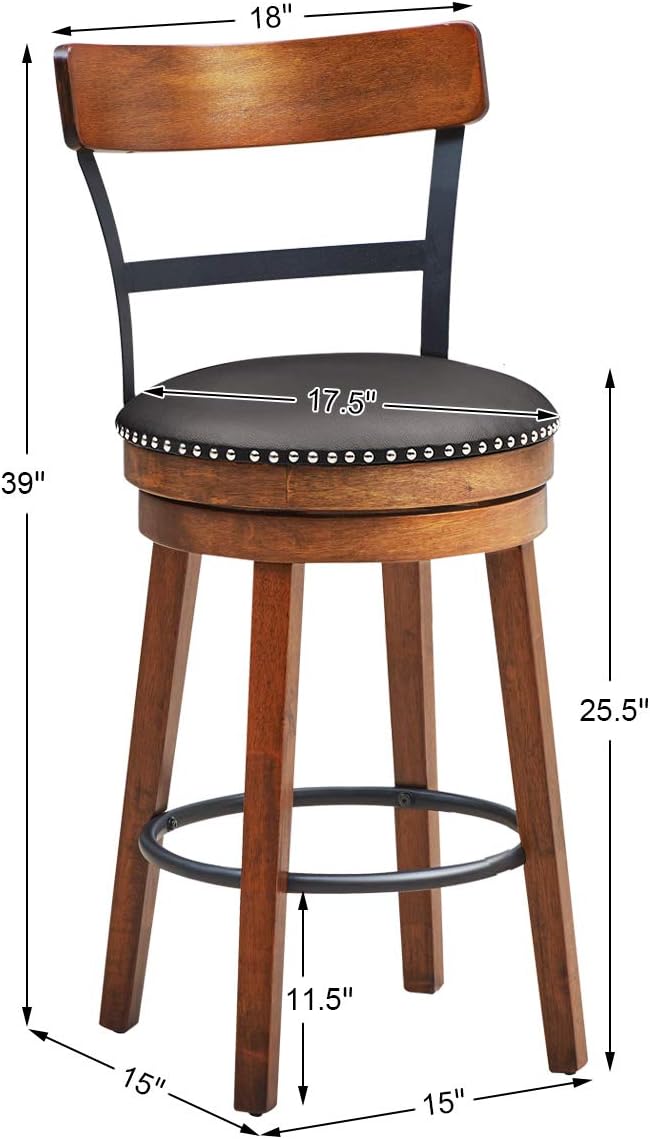COSTWAY Bar Stools Set of 4, 360-Degree Swivel Stools with Leather Padded Seat, Single Slat Ladder Back & Solid Rubber Wood Legs, Counter Height Stools for Pub, Restaurant, Kitchen, Brown (4, 25.5)
