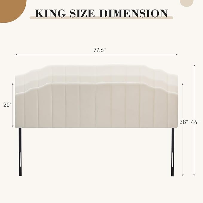 Upholstered Headboard Adjustable Height Queen/King Headboard Cream Velvet Tufted Modern Vertical Channel Design with Stepped Silhouette Top Edge(Beige King)