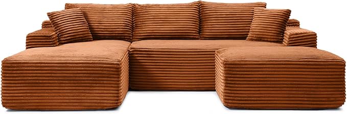 108" Cloud Sectional Couch,Modern Modular Sectional Sofa with Deep Seat,Corduroy Boneless Couches with L-Shape Chaise for Living Room,No Assembly Required (Orange, Left Facing Chaise + Ottoman)