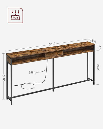 VASAGLE 70.9-Inch Console Table with Outlet and Shelves, Sofa Table with Charging Station, Behind Couch Table Skinny, Entryway Table for Hallway, Living Room, Rustic Brown and Ink Black ULNT118B01