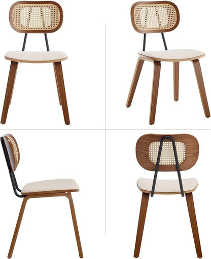 Mid-Century Dining Chairs Set of 2, PU Leather Kitchen Chairs with Rattan Backrest Wooden Legs Armless Design for Dining Room Living Room, Beige