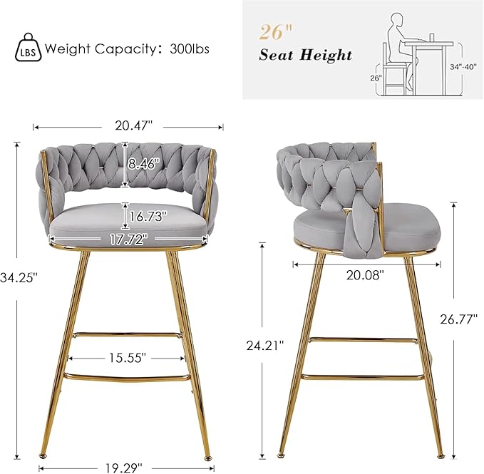 VECELO Bar Stools Set of 4, Counter Height Bar Stools, 26 inch Seat Barstools with Woven Back and Footrest for Kitchen Island Counter, Grey