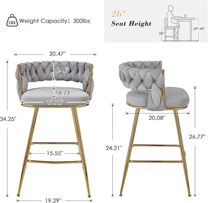 VECELO Bar Stools Set of 4, Counter Height Bar Stools, 26 inch Seat Barstools with Woven Back and Footrest for Kitchen Island Counter, Grey