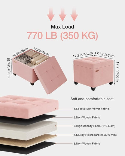 17.7 inches Velvet turfed Ottomans Cube with Storage, Metal-Framed Square Storage Ottoman Foot Rest Stool Holds 770 LB for Dorm Living Room Bedroom Pink UASND64P