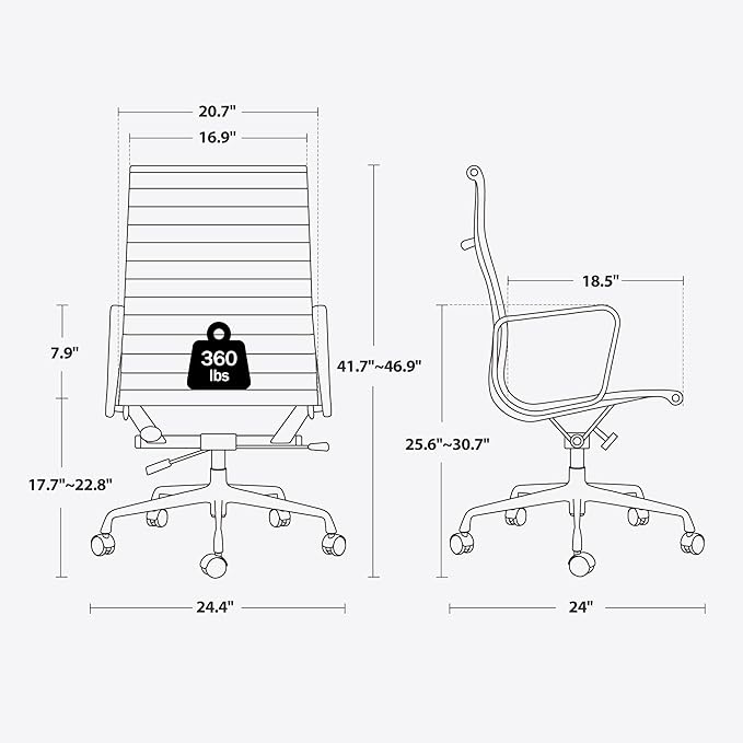 Ribbed Office Chair with Top Grain Leather - High Back Ergonomic Desk Chair with Aluminum Arms & Frame, Swivel Wheels & Tilt Function, Adjustable Height
