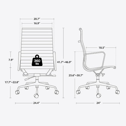 Ribbed Office Chair with Top Grain Leather - High Back Ergonomic Desk Chair with Aluminum Arms & Frame, Swivel Wheels & Tilt Function, Adjustable Height