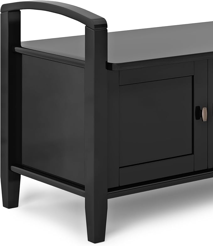 SIMPLIHOME Warm Shaker Entryway Storage Bench - 44 inch Wide Solid Wood Storage Seat in Black, Transitional Bench Seat for Mudroon or Living Room with Lift-Up Lid and Shaker-Style Panels