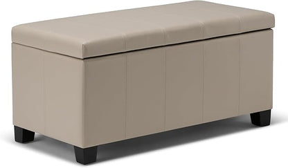 SIMPLIHOME Dover 36 inch Wide Contemporary Rectangle Storage Ottoman Bench in Satin Cream Vegan Faux Leather, Assembled, For the Living Room, Entryway and Family Room