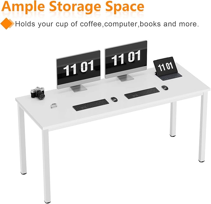 Need 63 Inch Large Computer Desk - Modern Simple Style Home Office Gaming Desk, Basic Writing Table for Study Student, White Metal Frame, White