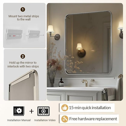 ANDY STAR Wall Mirror for Bathroom, 30x36 Inch Brushed Nickel Bathroom Rectangle Mirror, Modern Rectangular with Thick Tube Metal Frame for Vanity Over Sink, Horizontal/Vertical