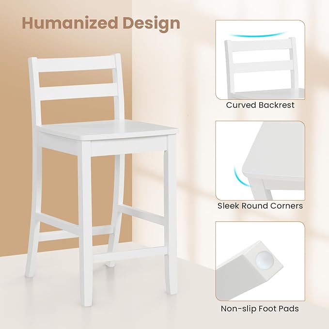 COSTWAY Wooden Bar Stools Set of 2, 24-Inch Counter Height Stools with Ergonomic Backrest & Footrest, Farmhouse High Dining Chairs for Kitchen Island, Pub, Cafe (2, White)