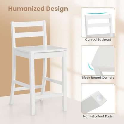 COSTWAY Wooden Bar Stools Set of 2, 24-Inch Counter Height Stools with Ergonomic Backrest & Footrest, Farmhouse High Dining Chairs for Kitchen Island, Pub, Cafe (2, White)