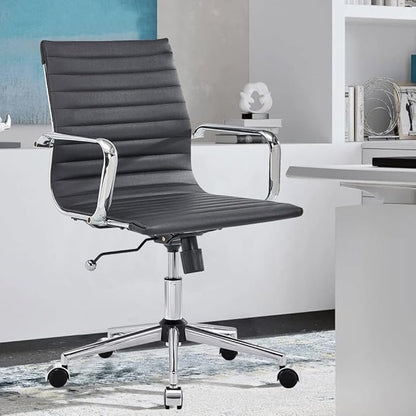 Modern Black Office Chair Computer Desk Chairs Conference Leather Home Office Dsek Chair Mid Back Swivel Chairs with Arms (Black)…