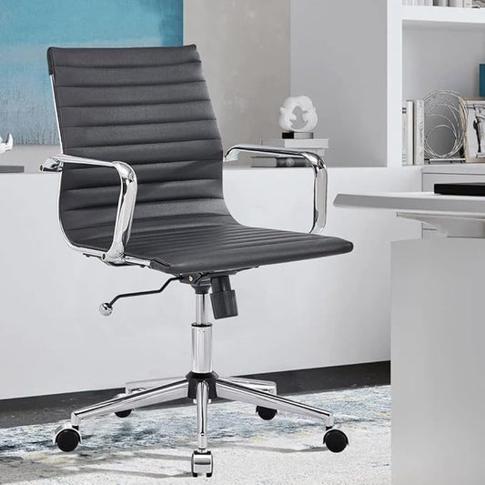 Modern Black Office Chair Computer Desk Chairs Conference Leather Home Office Dsek Chair Mid Back Swivel Chairs with Arms (Black)…