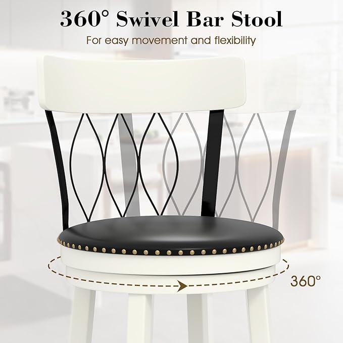 COSTWAY Bar Stools Set of 4, 30‘’ Seat Height Swivel Barstools with Ergonomic Backrest, Soft Cushion & Footrest, Rubber Wood Bar Height Bar Chairs Upholstered Dining Chairs for Kitchen Island