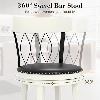 COSTWAY Bar Stools Set of 2, 30” Seat Height Swivel Barstools with Ergonomic Backrest, Soft Cushion & Footrest, Rubber Wood Bar Height Bar Chairs Upholstered Dining Chairs for Kitchen Island