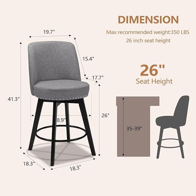 MINCETA Bar Stools Set of 2, 26 Inch Upholstered Barstools with High Back and Footrest, Swivel Counter Height Barstools for Kitchen Island Home Bar Gray