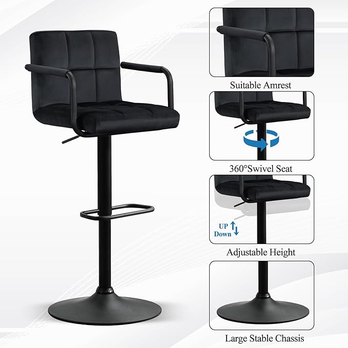 Furniliving Adjustable Barstools with Back, Black bar stools Set of 2, Velvet 360°Swivel Bar Stools, Double Stitching Counter Stools for Kitchen, Bar (Black)