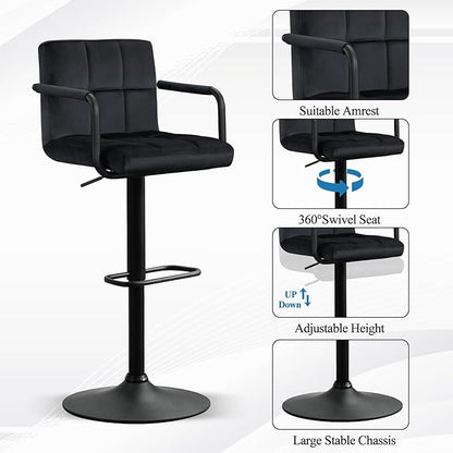 Furniliving Adjustable Barstools with Back, Black bar stools Set of 2, Velvet 360°Swivel Bar Stools, Double Stitching Counter Stools for Kitchen, Bar (Black)