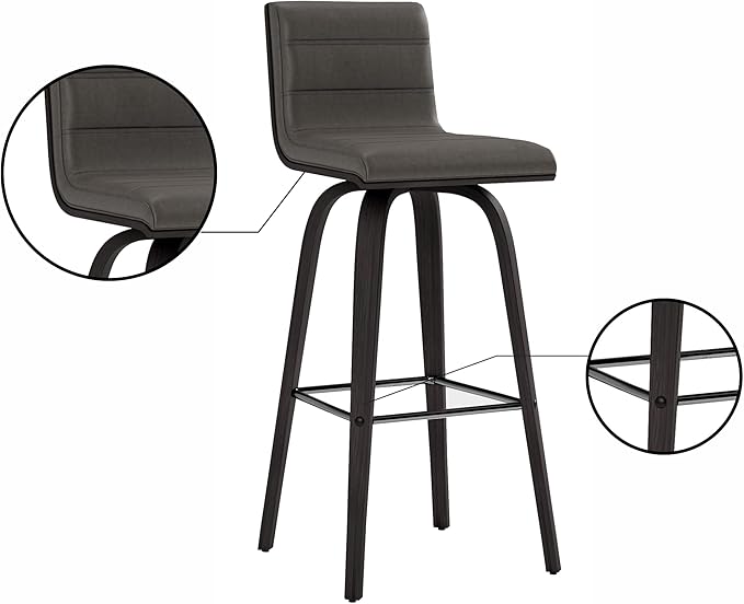Armen Living Vienna 30" Swivel Bar Stool in Black Wood Finish with Gray Faux Leather - Set of 2
