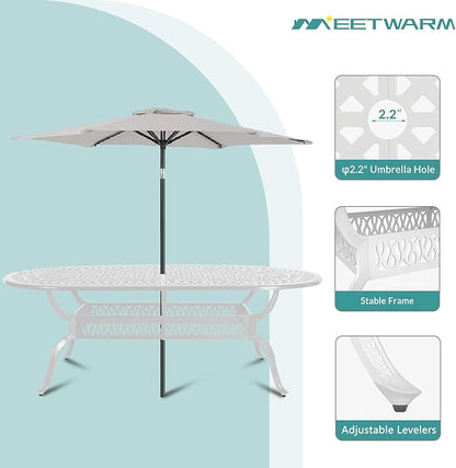 MEETWARM 9-Piece Outdoor Patio Dining Set, 8 Outdoor Dining Chairs and 1 Oval Table with 2" Umbrella Hole, All Weather Cast Aluminum Patio Funiture Set for Backyard, Garden, Patio,White