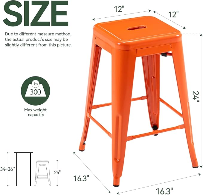 Vogue Furniture Direct 24" Bar Stools Backless Metal Barstools Indoor-Outdoor Counter Height Stools with Square Seat, Set of 2 (Orange)